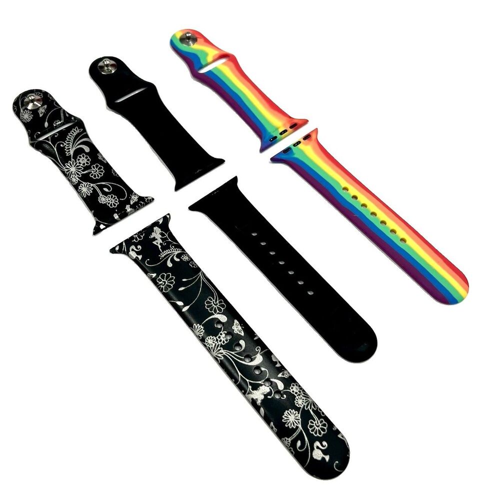 Lot of 3 Silicone Smartwatch bands Rainbow, Black, Black Floral 42-45mm PRIDE